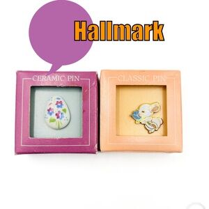 Vintage Hallmark Easter Pins Lot, 1983 and 1985 Boxed Bunny & Ceramic Egg Pins